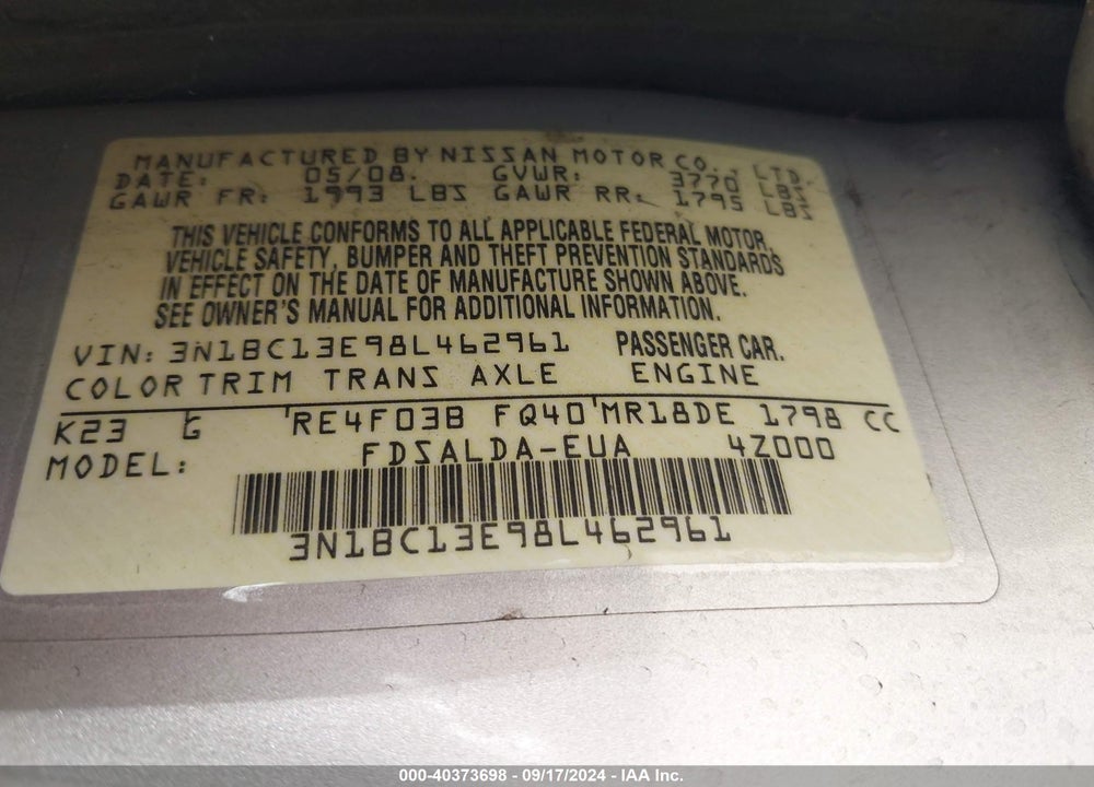 2008 NISSAN VERSA 1.8S VIN: 3N1BC13E98L462961