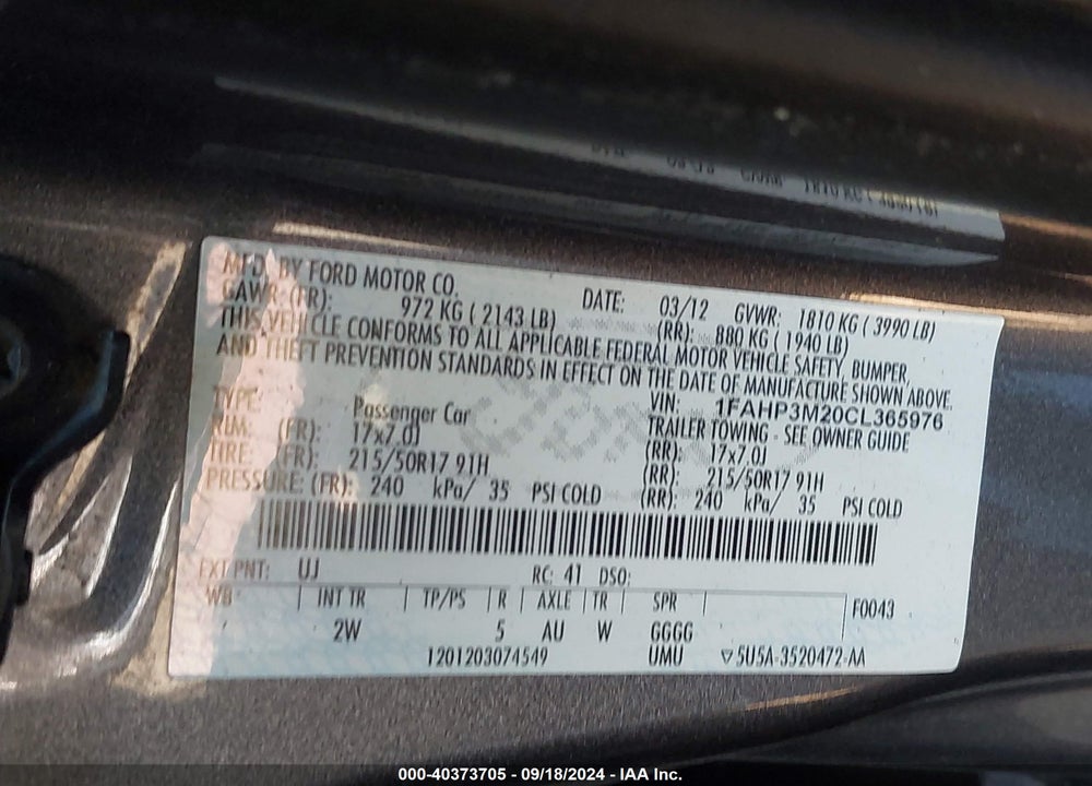 2012 FORD FOCUS SEL VIN: 1FAHP3M20CL365976