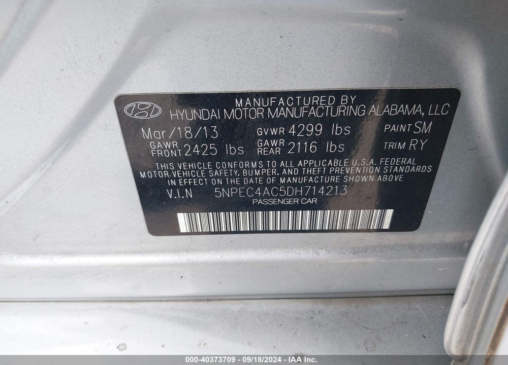 2013 HYUNDAI SONATA LIMITED VIN: 5NPEC4AC5DH714213