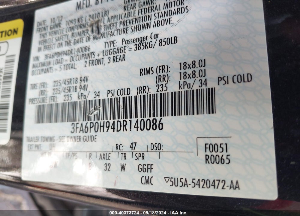2013 FORD FUSION SE VIN: 3FA6P0H94DR140086