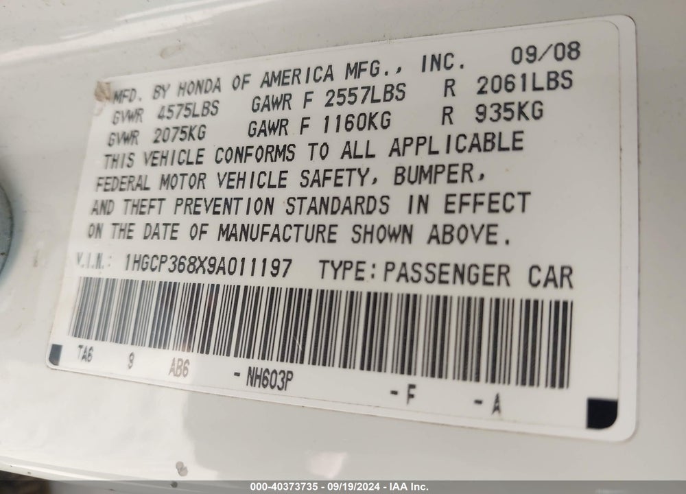 2009 HONDA ACCORD 3.5 EX-L VIN: 1HGCP368X9A011197