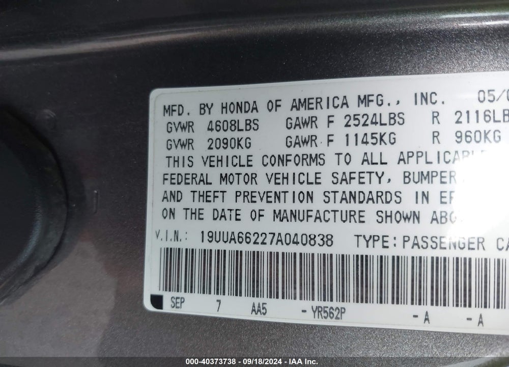 2007 ACURA TL 3.2 VIN: 19UUA66227A040838
