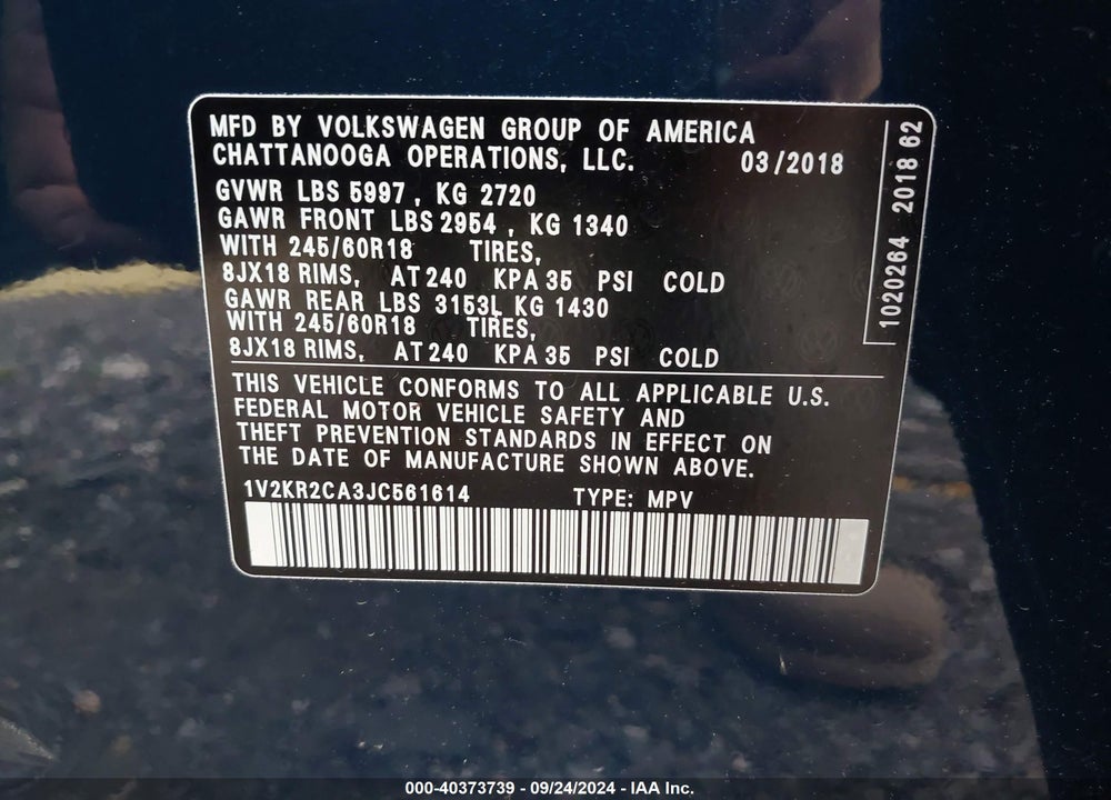 2018 VOLKSWAGEN ATLAS 3.6L V6 SE VIN: 1V2KR2CA3JC561614