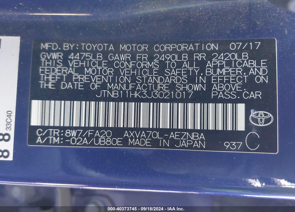 2018 TOYOTA CAMRY LE VIN: JTNB11HK3J3021017