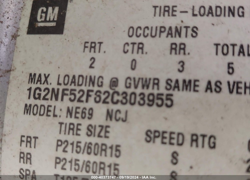2002 PONTIAC GRAND AM SE1 VIN: 1G2NF52F62C303955