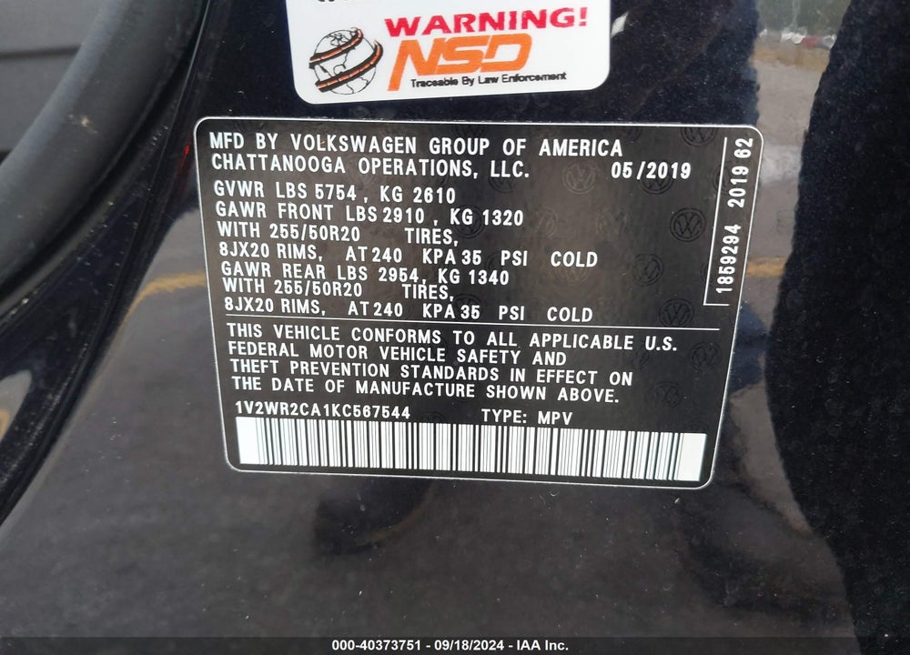 2019 VOLKSWAGEN ATLAS 3.6L V6 SE W/TECHNOLOGY VIN: 1V2WR2CA1KC567544