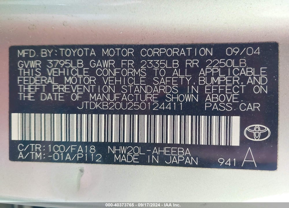 2005 TOYOTA PRIUS VIN: JTDKB20U250124411