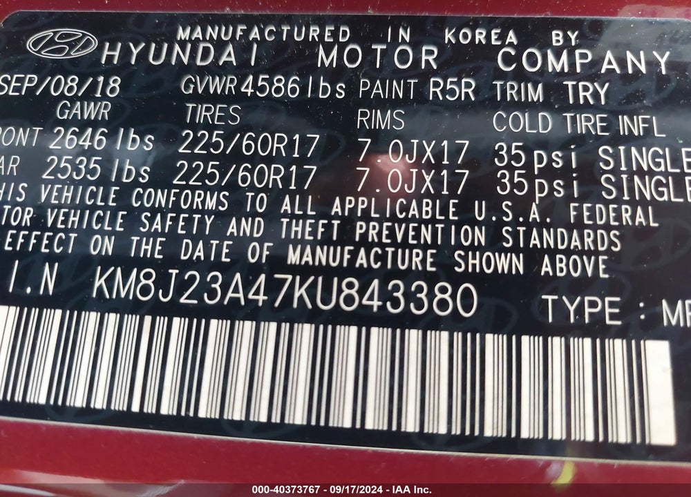 2019 HYUNDAI TUCSON SE VIN: KM8J23A47KU843380