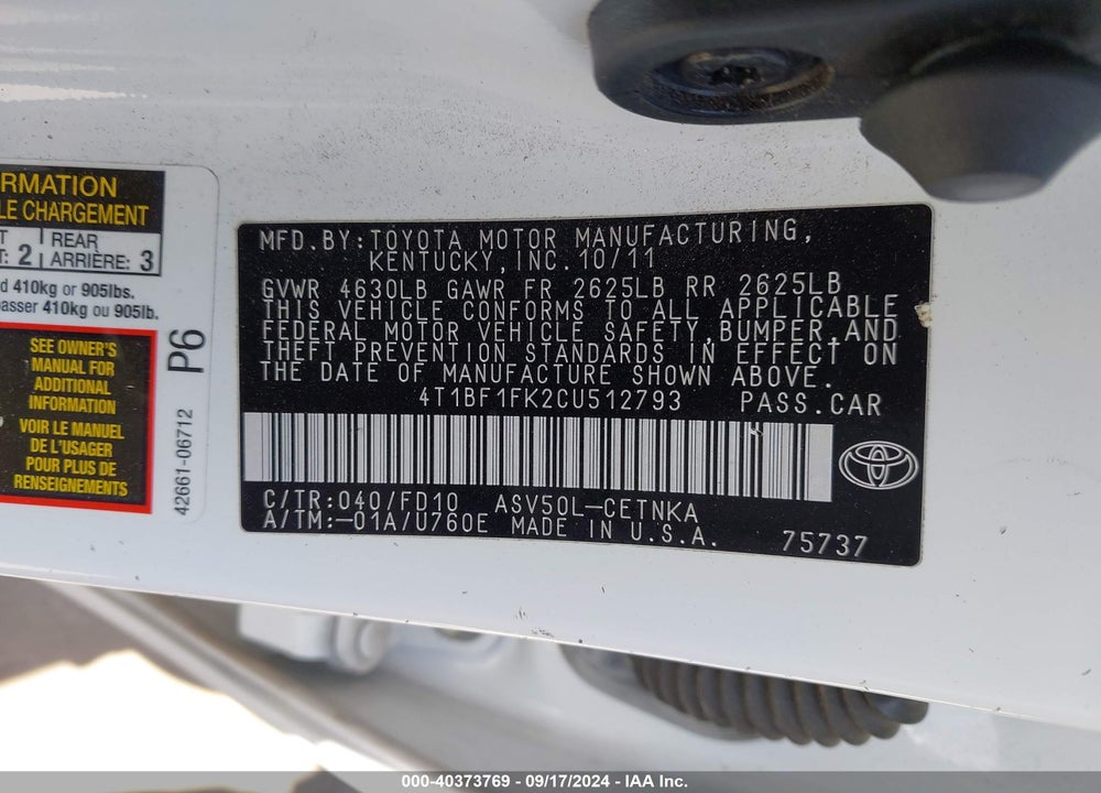 2012 TOYOTA CAMRY LE VIN: 4T1BF1FK2CU512793