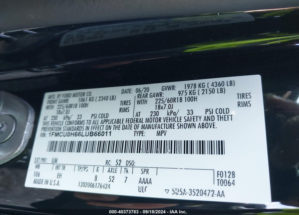 2020 FORD ESCAPE SEL VIN: 1FMCU0H66LUB66011