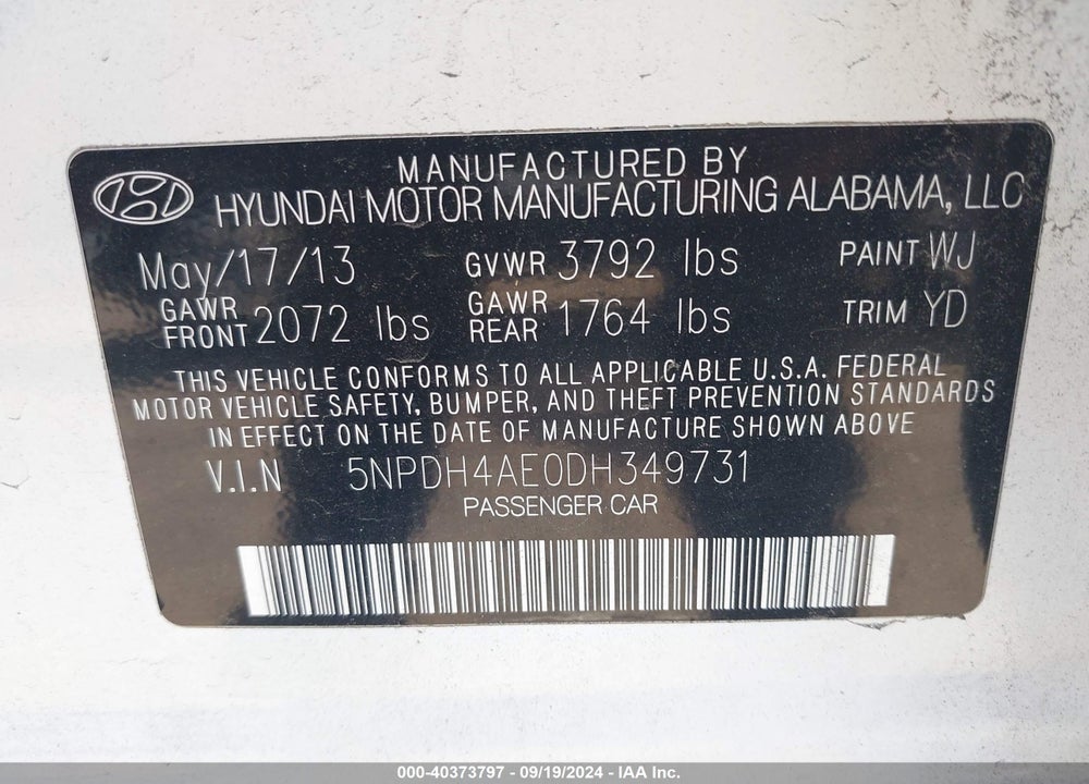 2013 HYUNDAI ELANTRA GLS VIN: 5NPDH4AE0DH349731