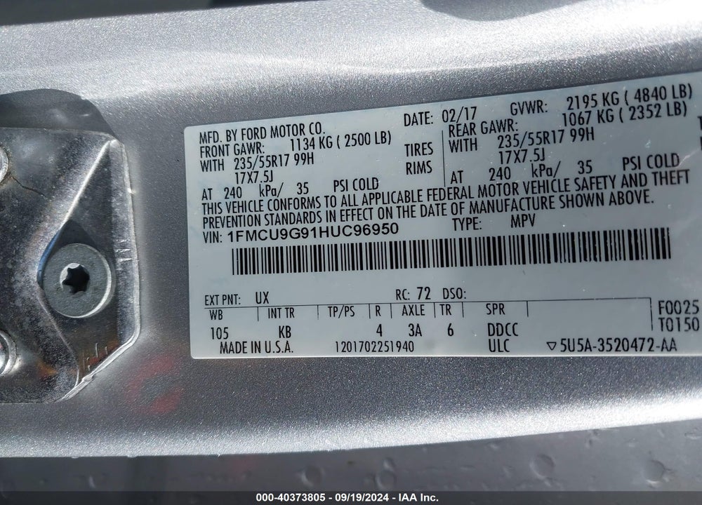 2017 FORD ESCAPE SE VIN: 1FMCU9G91HUC96950