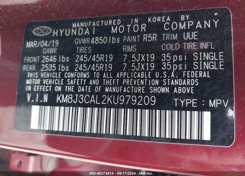 2019 HYUNDAI TUCSON SPORT VIN: KM8J3CAL2KU979209