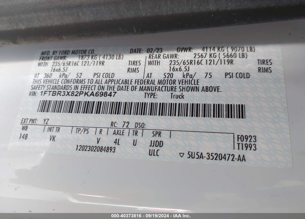 2023 FORD TRANSIT-250 CARGO VAN VIN: 1FTBR3X82PKA69847