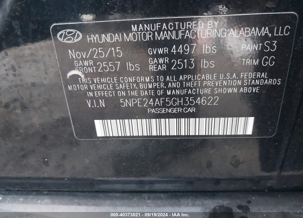 2016 HYUNDAI SONATA SE VIN: 5NPE24AF5GH354622