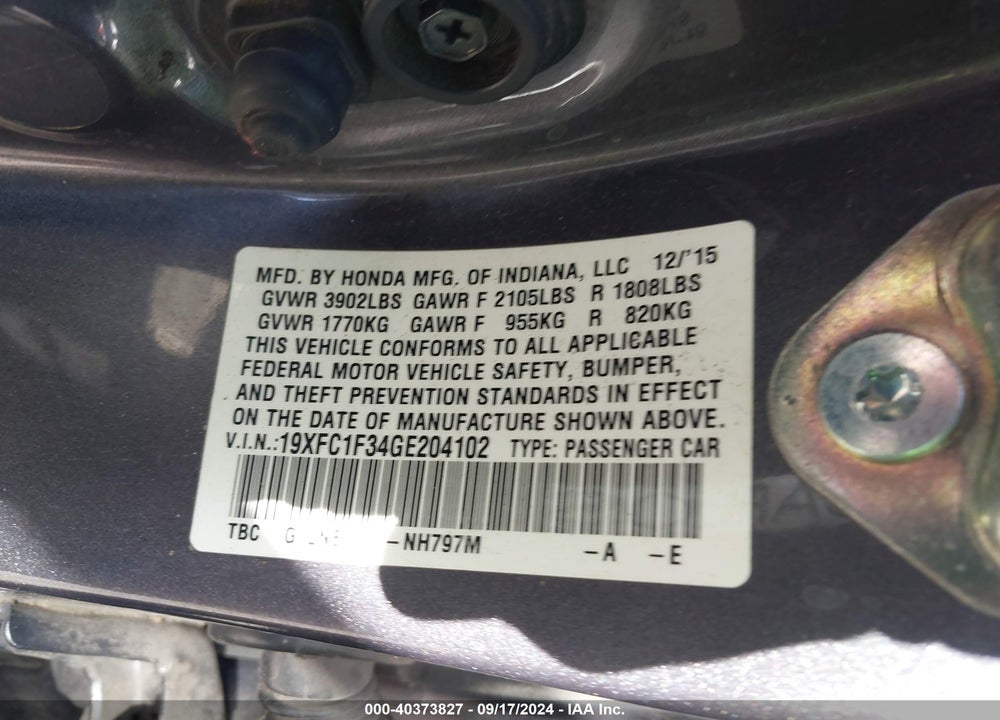 2016 HONDA CIVIC EX-T VIN: 19XFC1F34GE204102