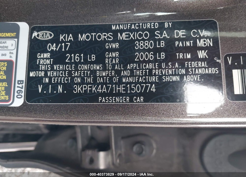2017 KIA FORTE LX VIN: 3KPFK4A71HE150774