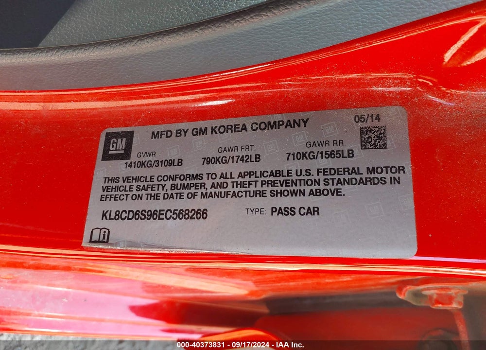 2014 CHEVROLET SPARK 1LT AUTO VIN: KL8CD6S96EC568266