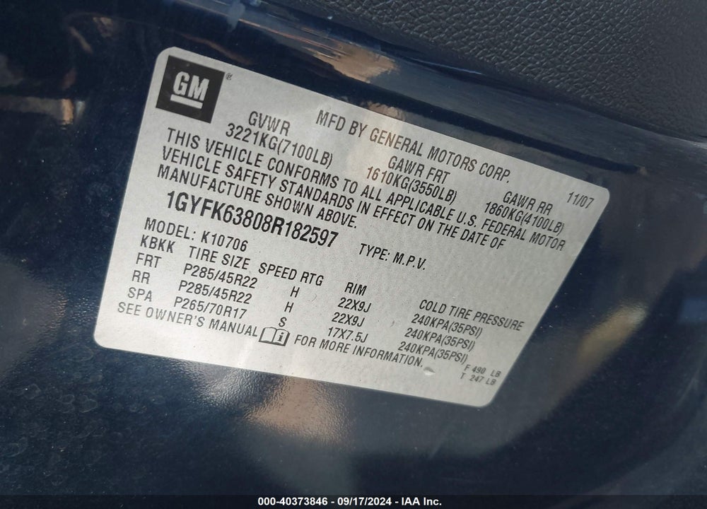 2008 CADILLAC ESCALADE STANDARD VIN: 1GYFK63808R182597