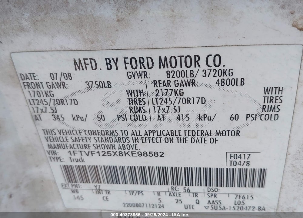 2008 FORD F-150 XL/XLT VIN: 1FTVF125X8KE98582