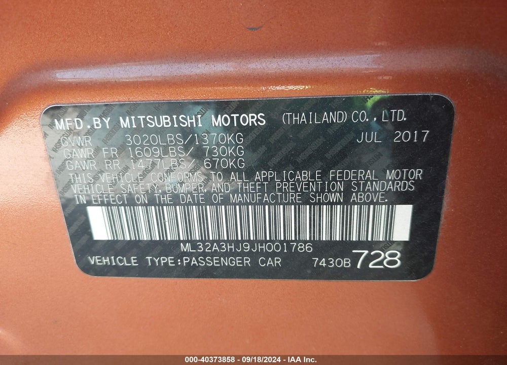 2018 MITSUBISHI MIRAGE ES VIN: ML32A3HJ9JH001786