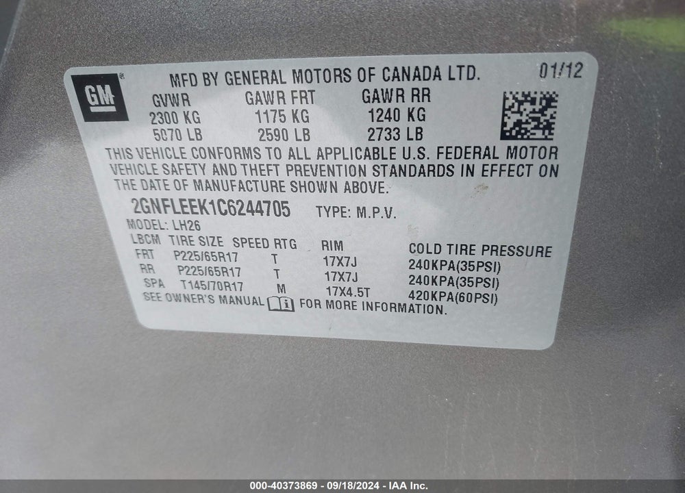 2012 CHEVROLET EQUINOX 1LT VIN: 2GNFLEEK1C6244705