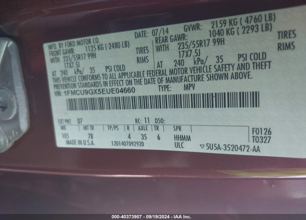 2014 FORD ESCAPE SE VIN: 1FMCU9GX5EUE04660