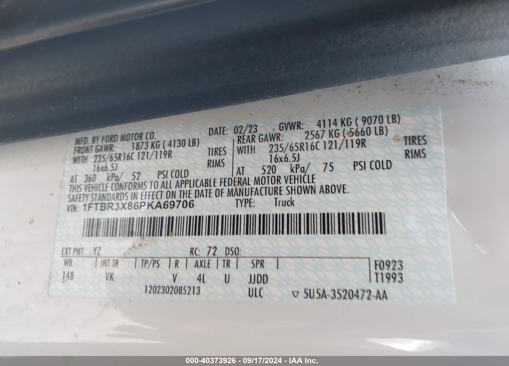 2023 FORD TRANSIT-250 CARGO VAN VIN: 1FTBR3X86PKA69706