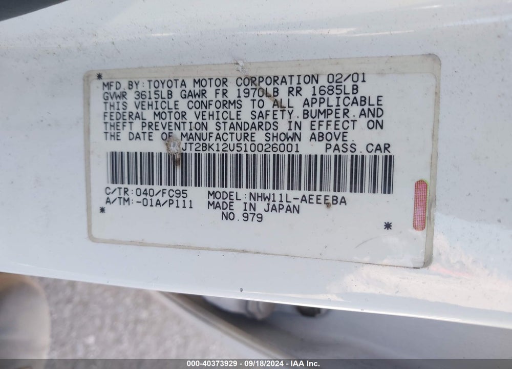 2001 TOYOTA PRIUS VIN: JT2BK12U510026001