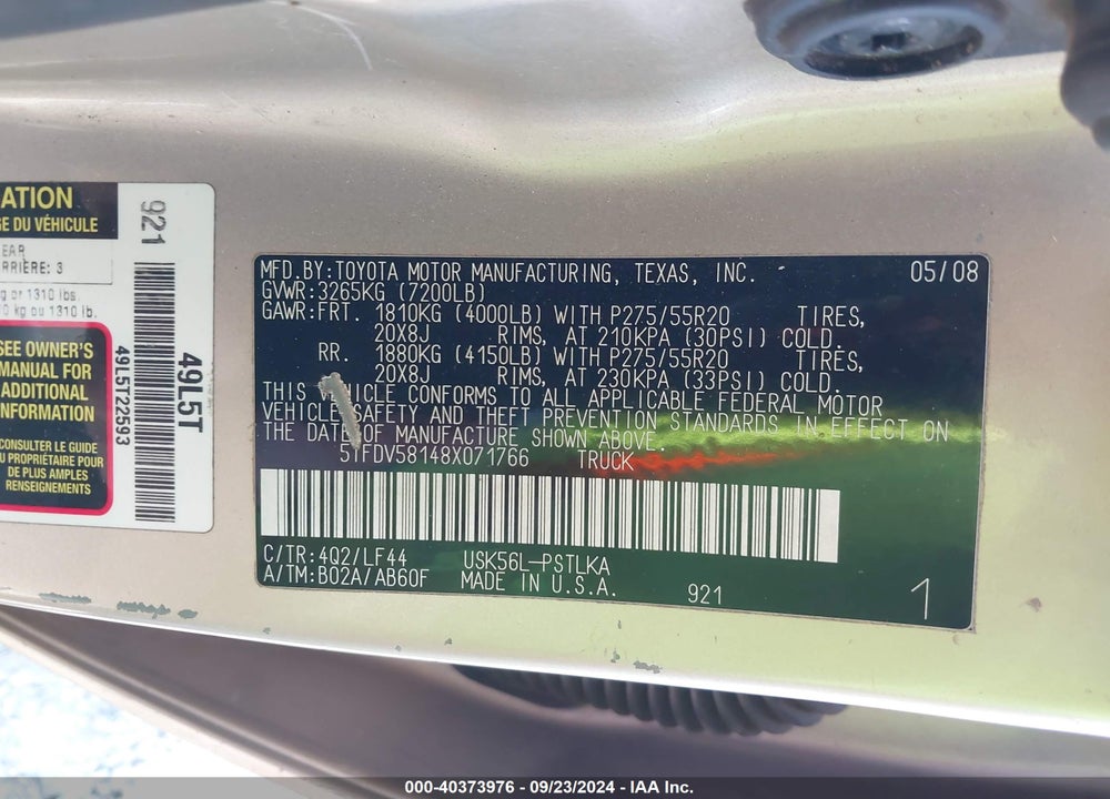 2008 TOYOTA TUNDRA LIMITED 5.7L V8 VIN: 5TFDV58148X071766