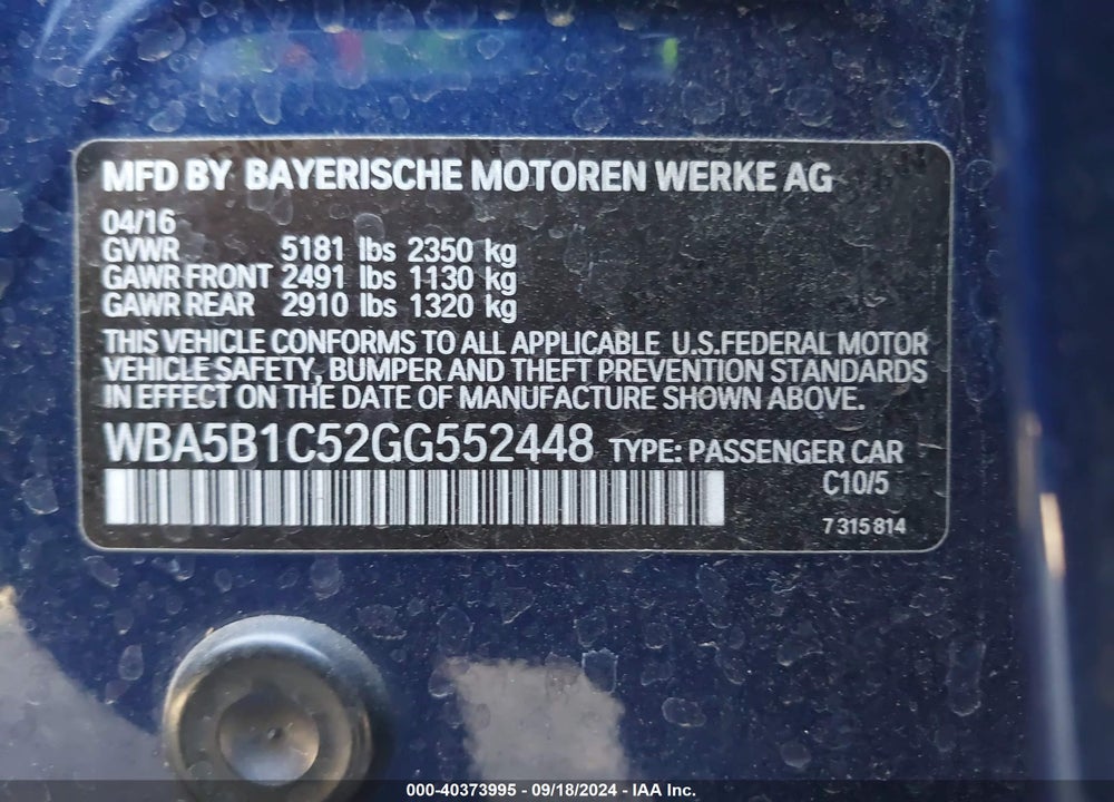 2016 BMW 535I VIN: WBA5B1C52GG552448