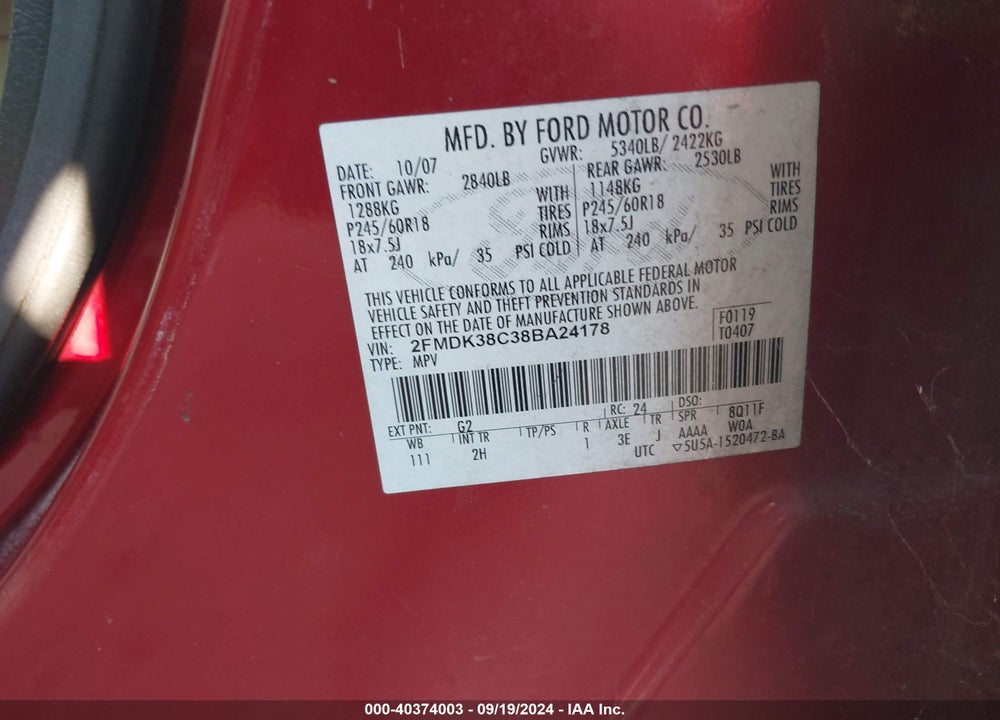 2008 FORD EDGE SEL VIN: 2FMDK38C38BA24178