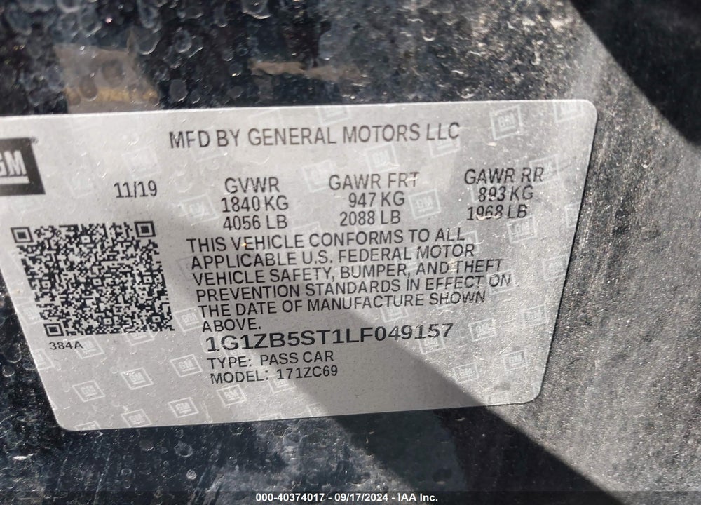 2020 CHEVROLET MALIBU FWD LS VIN: 1G1ZB5ST1LF049157