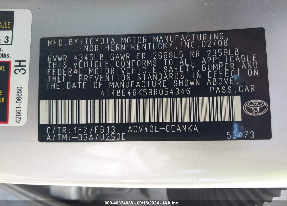 2009 TOYOTA CAMRY LE VIN: 4T4BE46K59R054346