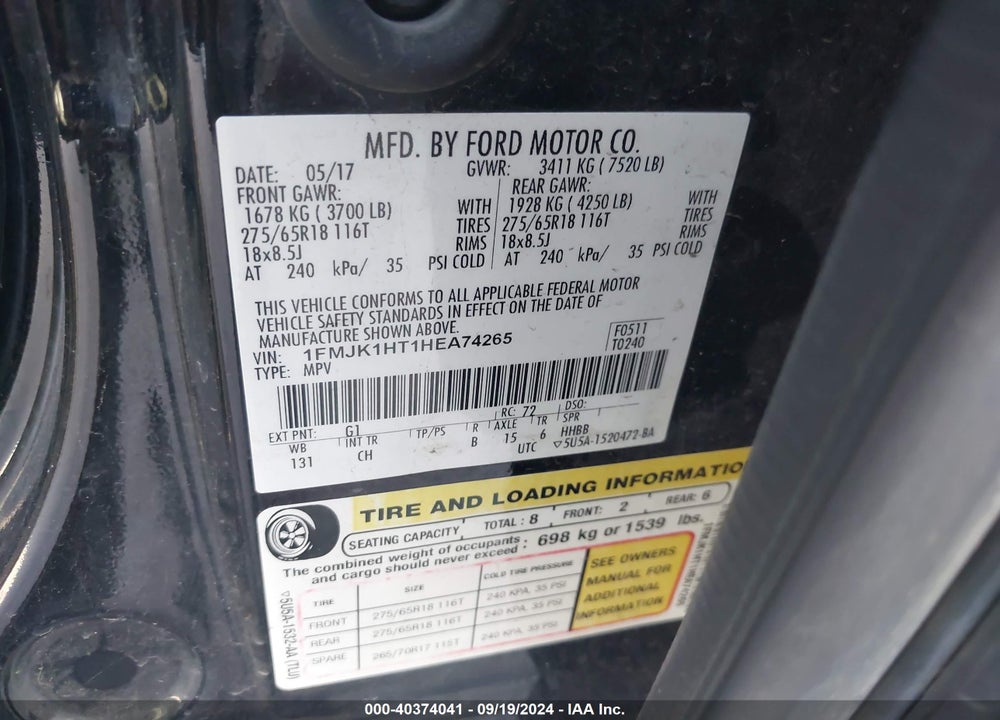2017 FORD EXPEDITION EL XLT VIN: 1FMJK1HT1HEA74265