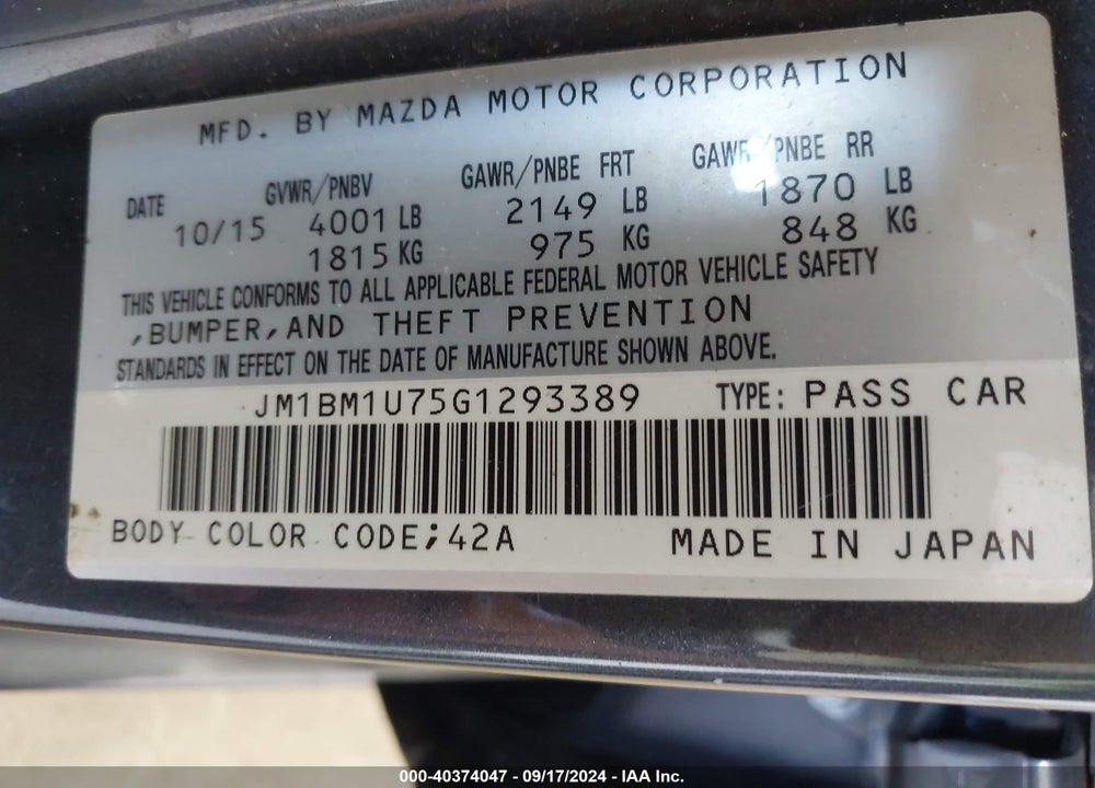 2016 MAZDA 3 I SPORT VIN: JM1BM1U75G1293389