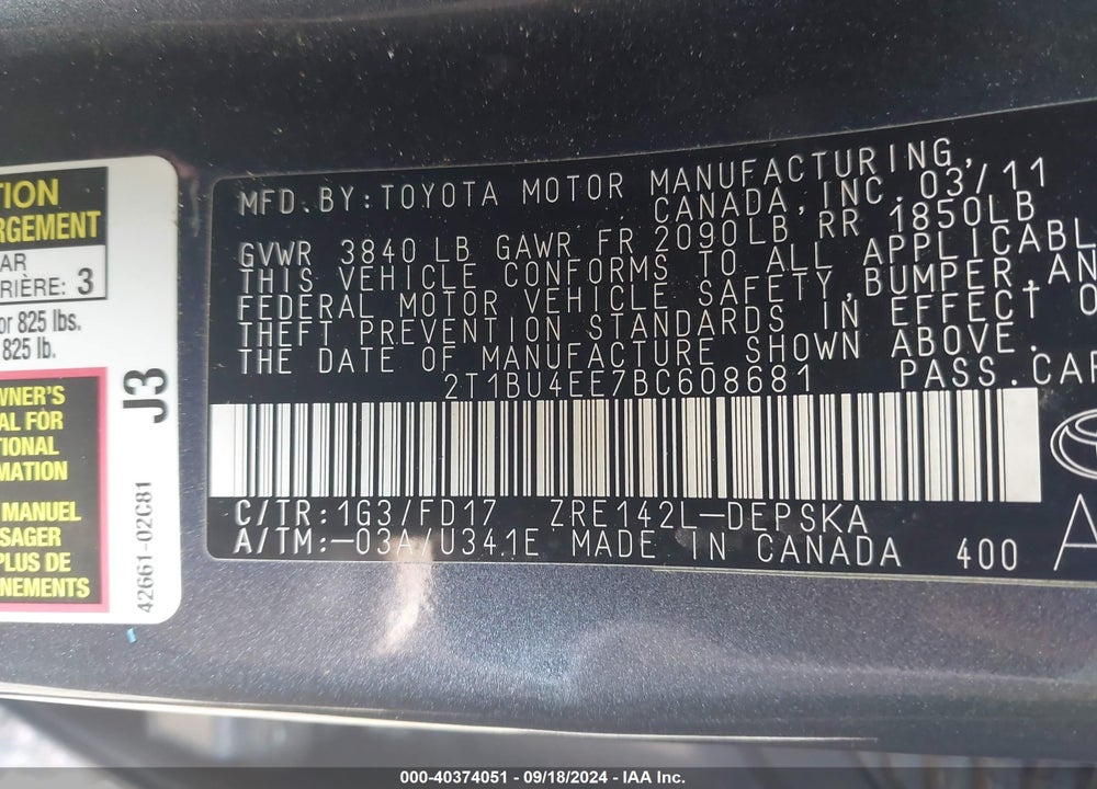 2011 TOYOTA COROLLA S VIN: 2T1BU4EE7BC608681