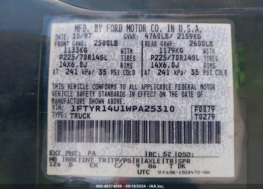 1998 FORD RANGER SPLASH/XL/XLT VIN: 1FTYR14U1WPA25310