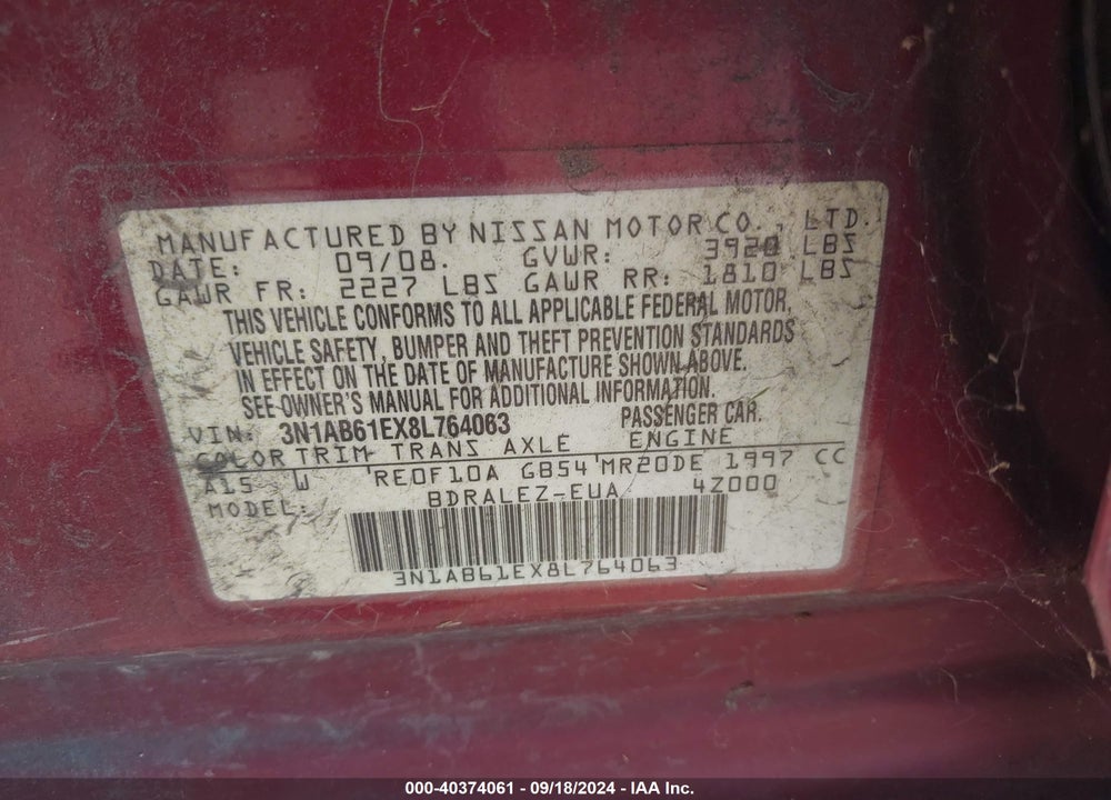 2008 NISSAN SENTRA 2.0S VIN: 3N1AB61EX8L764063