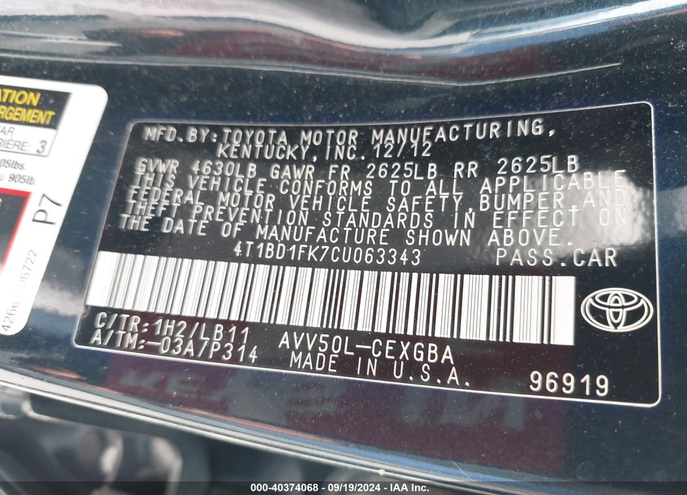 2012 TOYOTA CAMRY HYBRID XLE VIN: 4T1BD1FK7CU063343