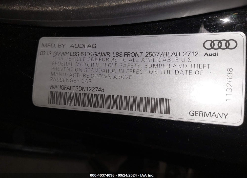 2013 AUDI A6 2.0T PREMIUM VIN: WAUGFAFC3DN122748