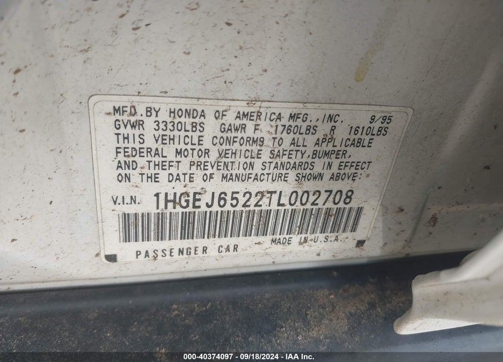 1996 HONDA CIVIC DX VIN: 1HGEJ6522TL002708