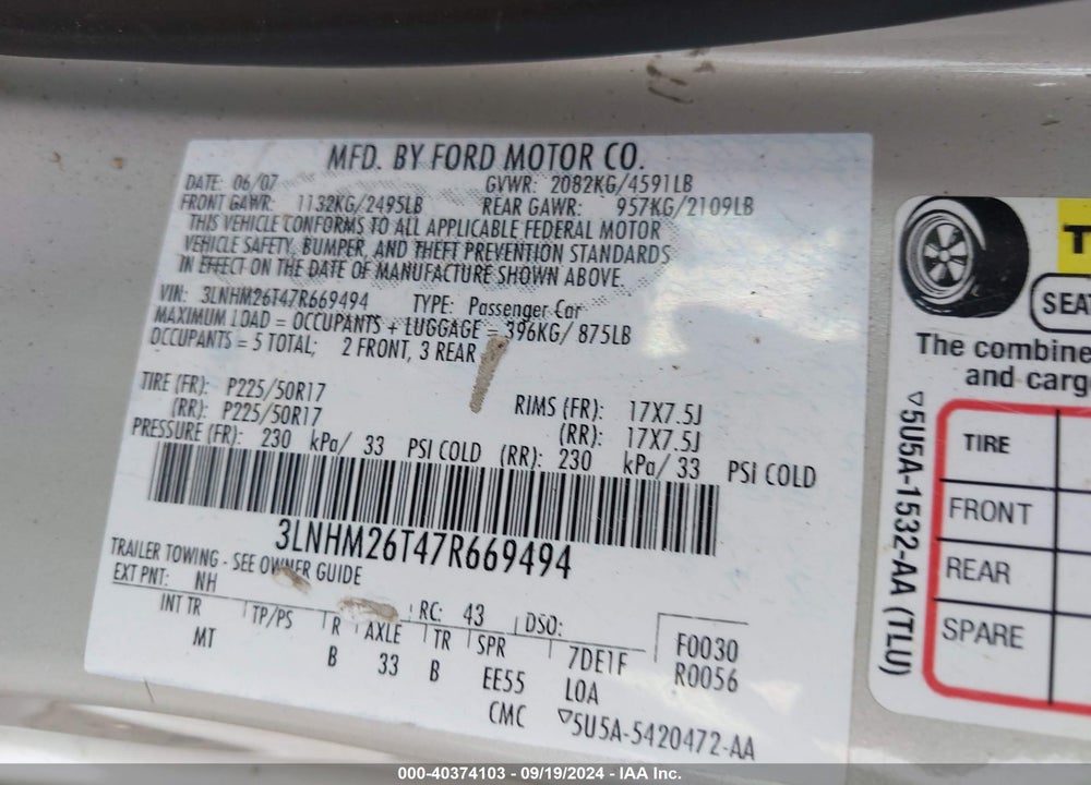2007 LINCOLN MKZ VIN: 3LNHM26T47R669494