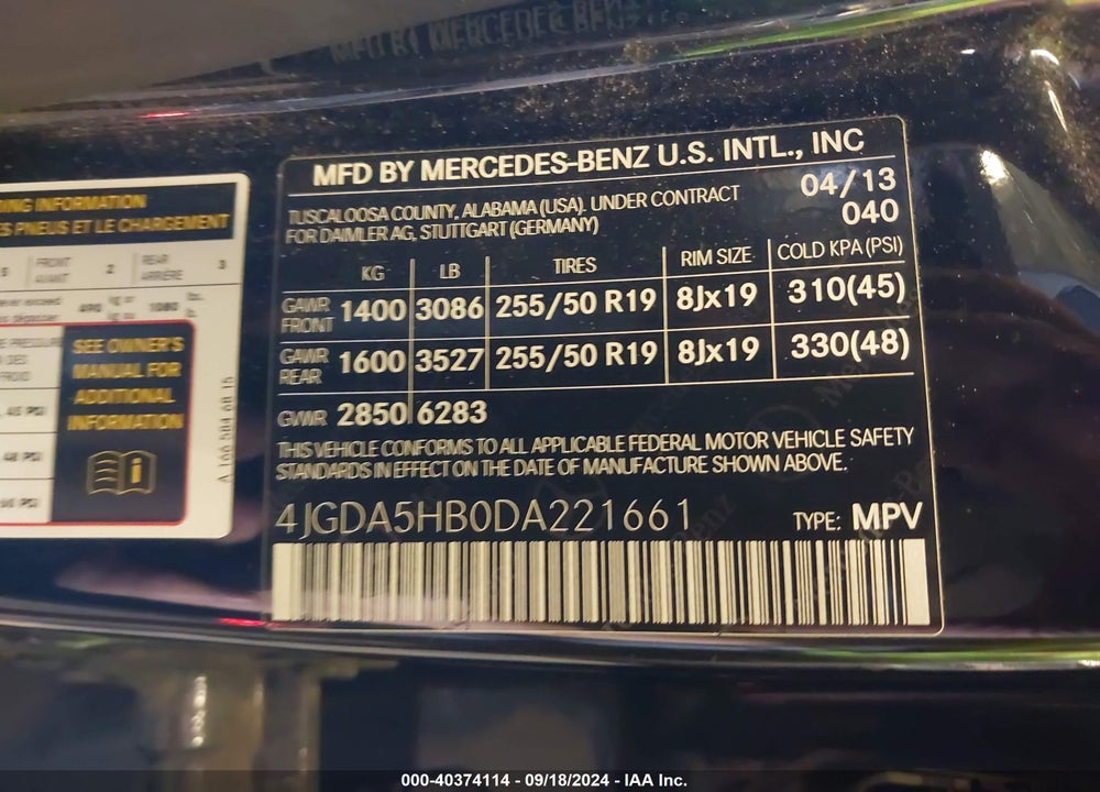 2013 MERCEDES-BENZ ML 350 4MATIC VIN: 4JGDA5HB0DA221661