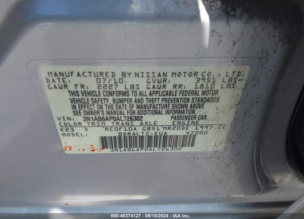 2010 NISSAN SENTRA VIN: 3N1AB6AP0AL726302