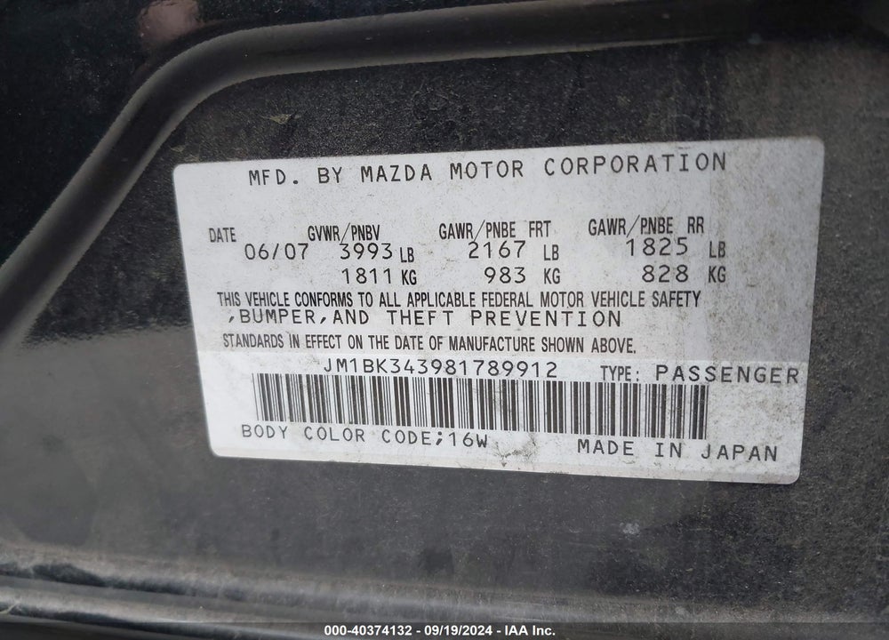 2008 MAZDA 3 VIN: JM1BK343981789912