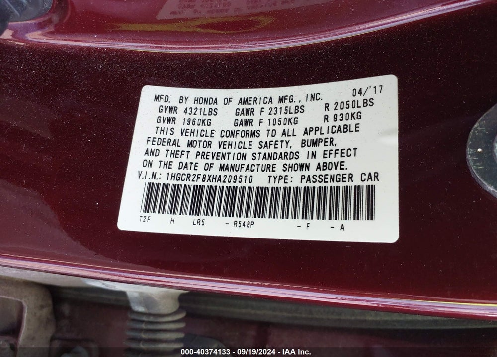2017 HONDA ACCORD EX-L VIN: 1HGCR2F8XHA209510