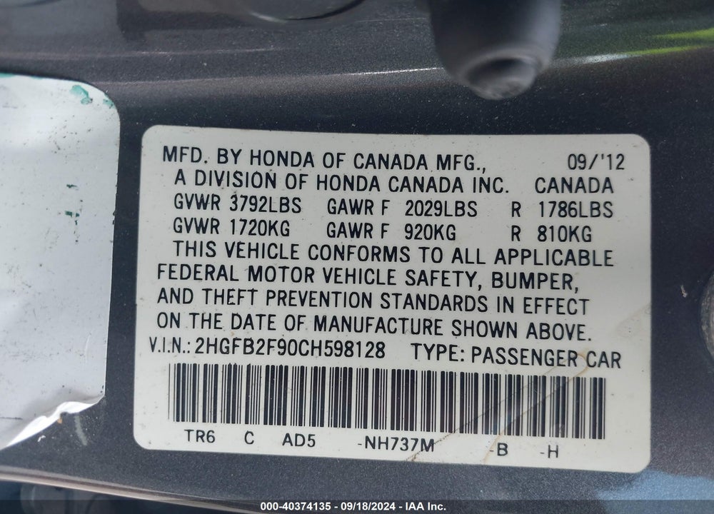 2012 HONDA CIVIC EX-L VIN: 2HGFB2F90CH598128