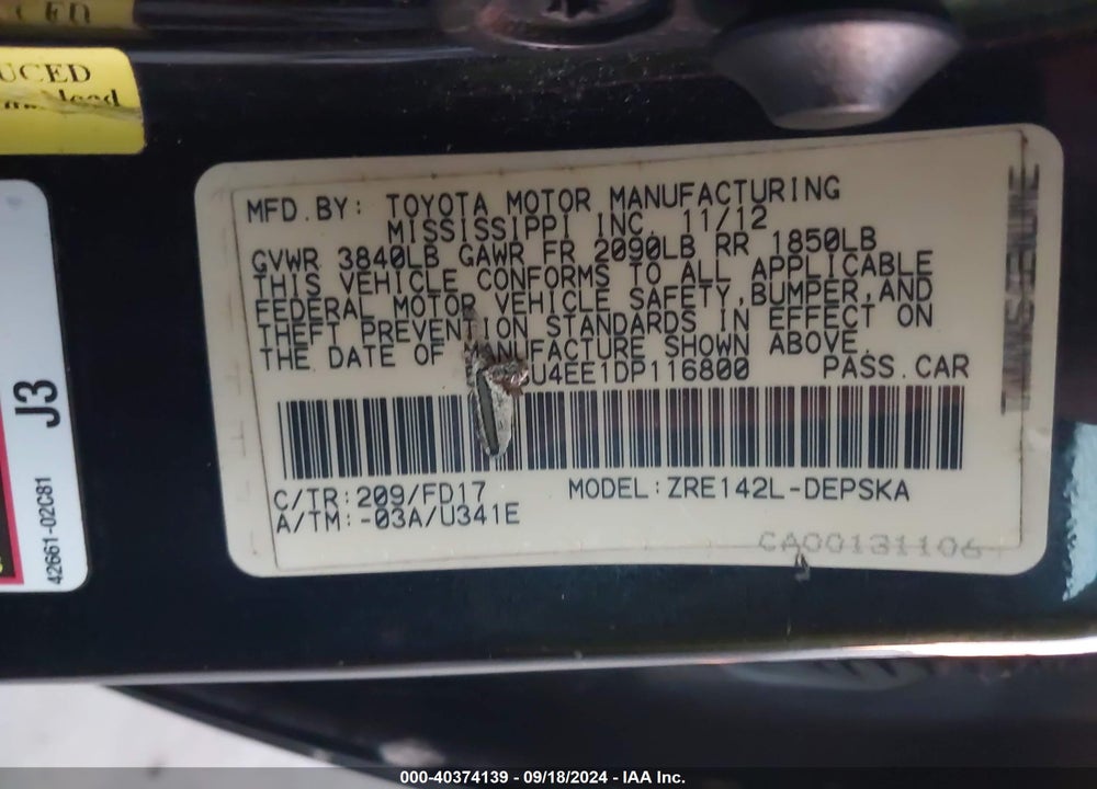 2013 TOYOTA COROLLA S VIN: 5YFBU4EE1DP116800