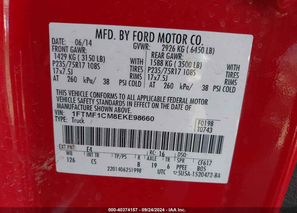 2014 FORD F-150 XL VIN: 1FTMF1CM8EKE98660